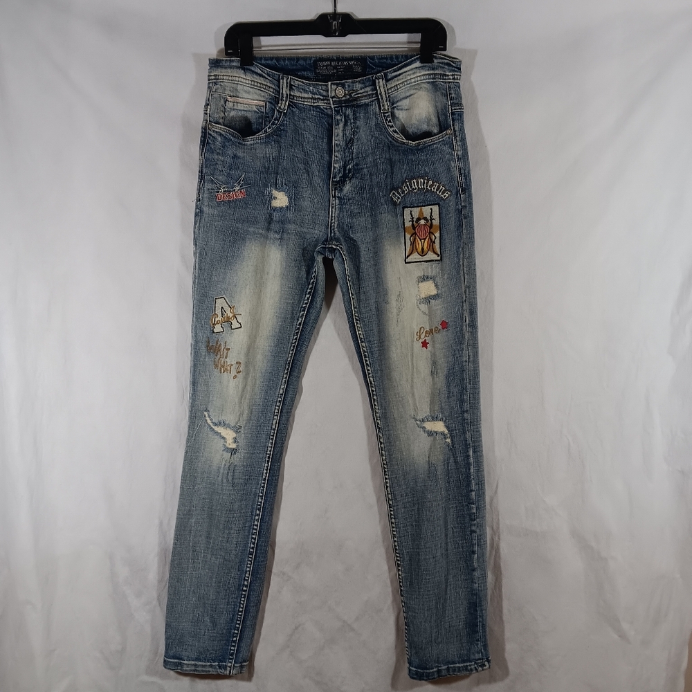 Design Y2K Womens 32 Blue Jeans Distress Embroidered Retro Festival Denim